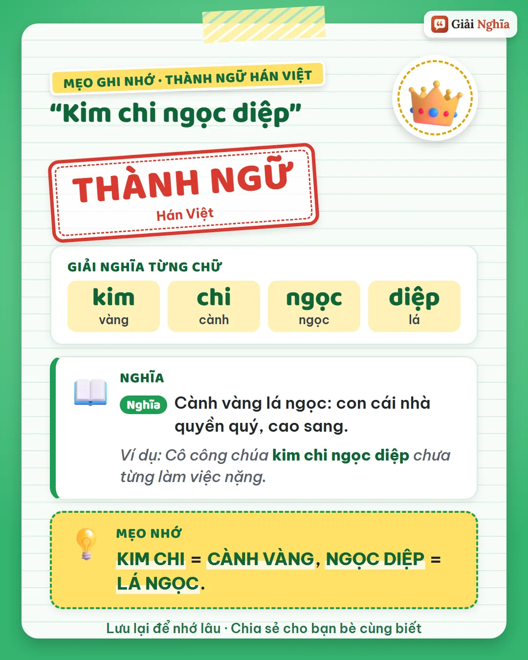 Mẹo ghi nhớ: kim chi là cành vàng, ngọc diệp là lá ngọc.