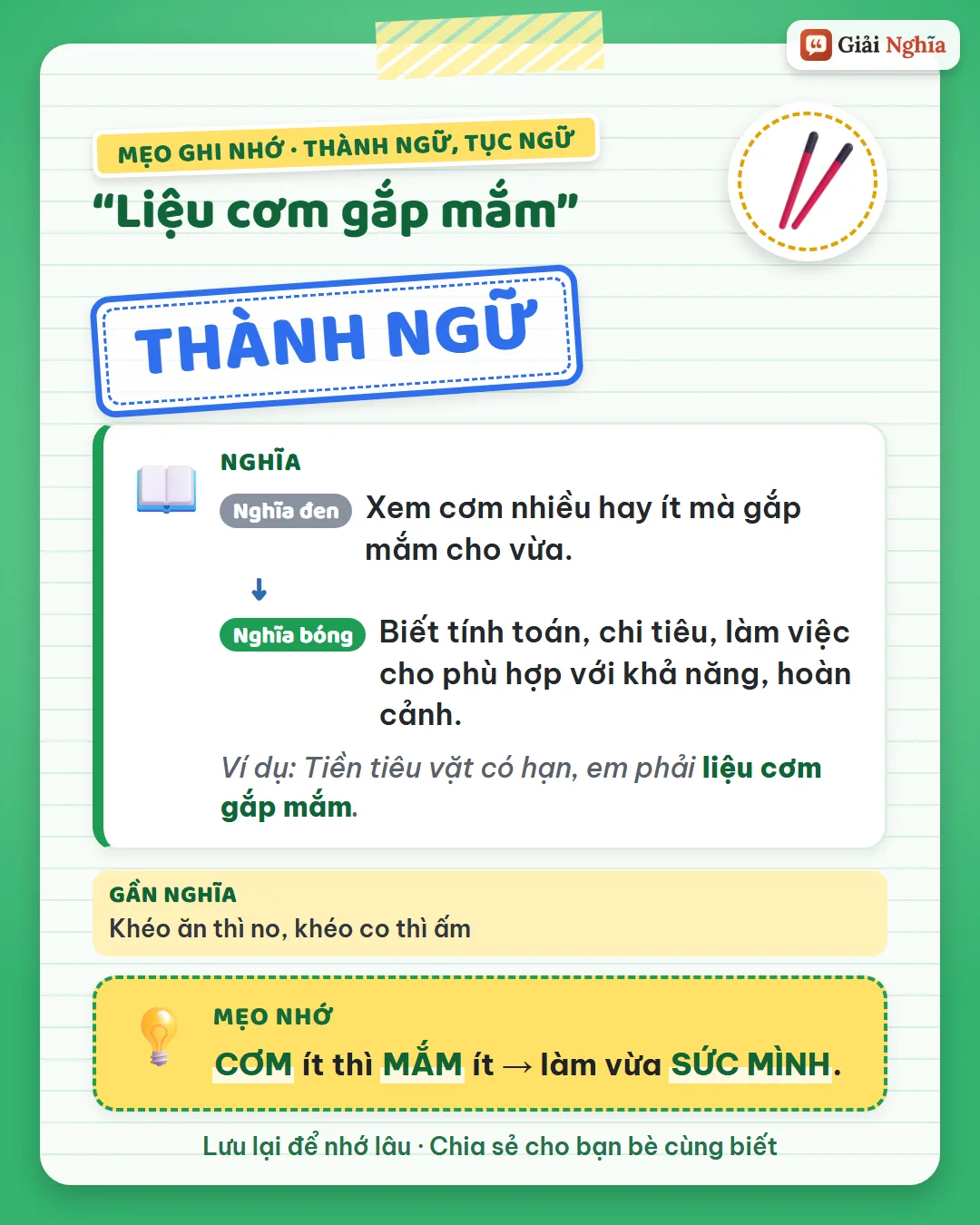 Mẹo ghi nhớ: cơm ít thì mắm ít, làm vừa sức mình.