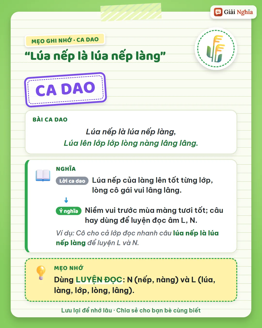 Mẹo ghi nhớ: luyện đọc N (nếp, nàng) và L (lúa, làng, lớp, lòng, lâng).