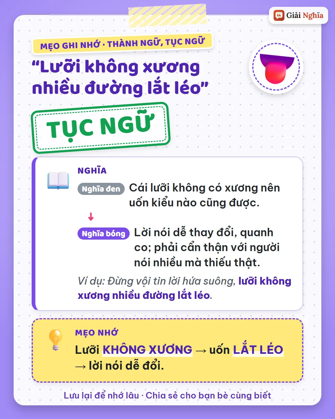 Mẹo ghi nhớ: lưỡi không xương nên uốn lắt léo; lời nói dễ đổi.