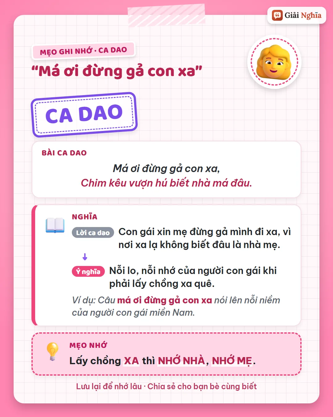Mẹo ghi nhớ: lấy chồng xa thì nhớ nhà, nhớ mẹ.