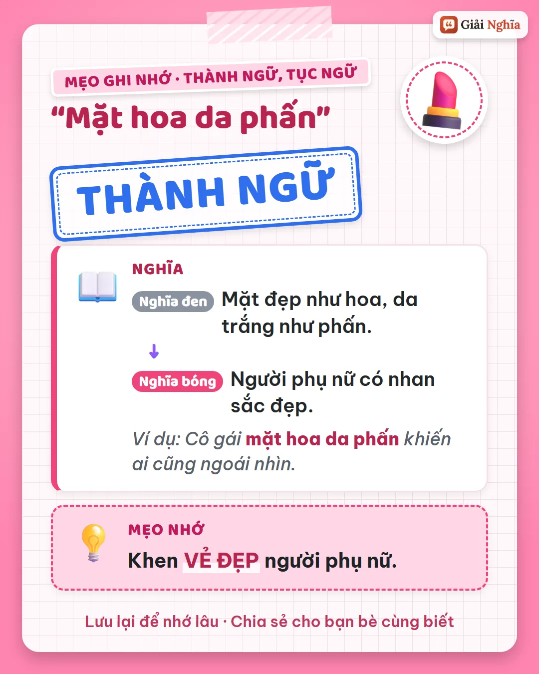 Mẹo ghi nhớ: khen vẻ đẹp người phụ nữ.