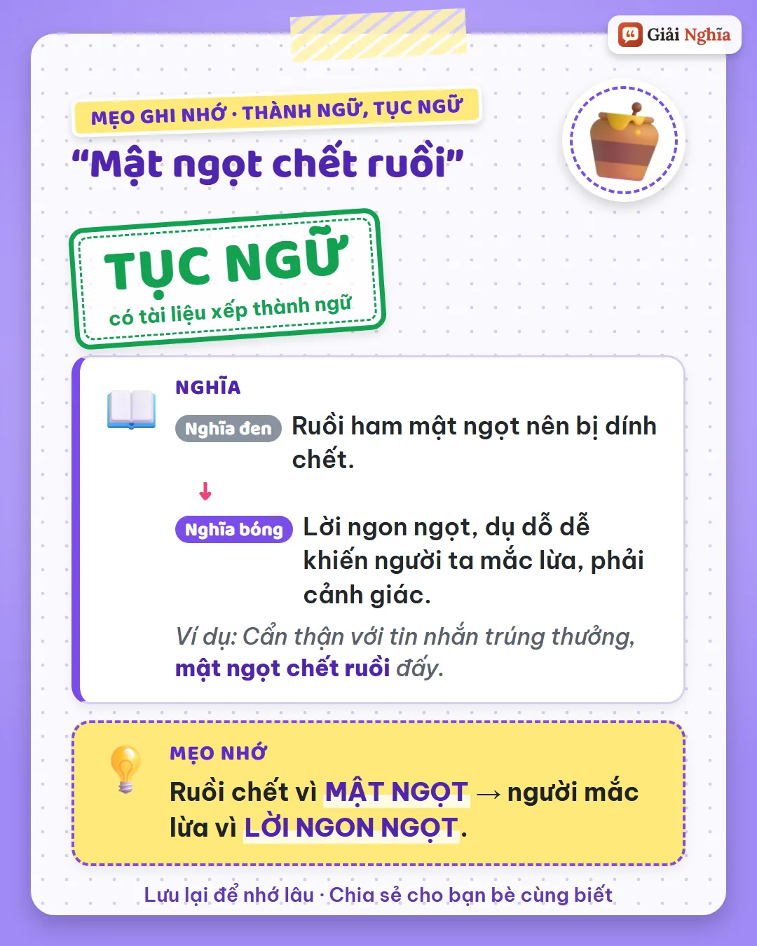 Mẹo ghi nhớ: ruồi chết vì mật ngọt, người mắc lừa vì lời ngon ngọt.