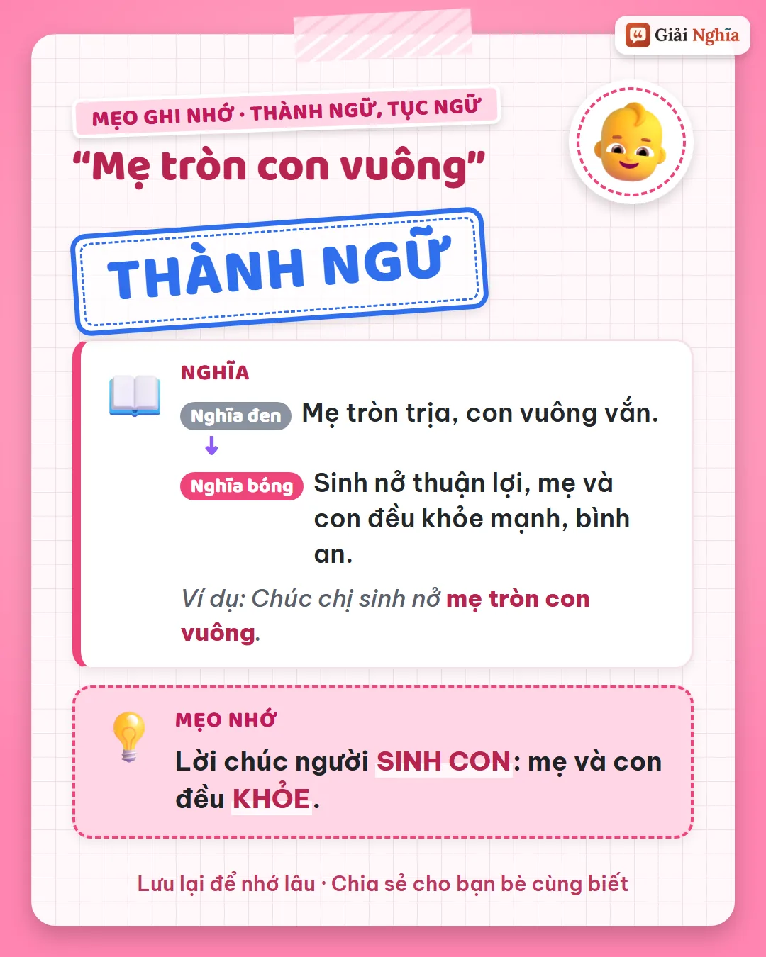 Mẹo ghi nhớ: lời chúc người sinh con, mẹ và con đều khỏe.