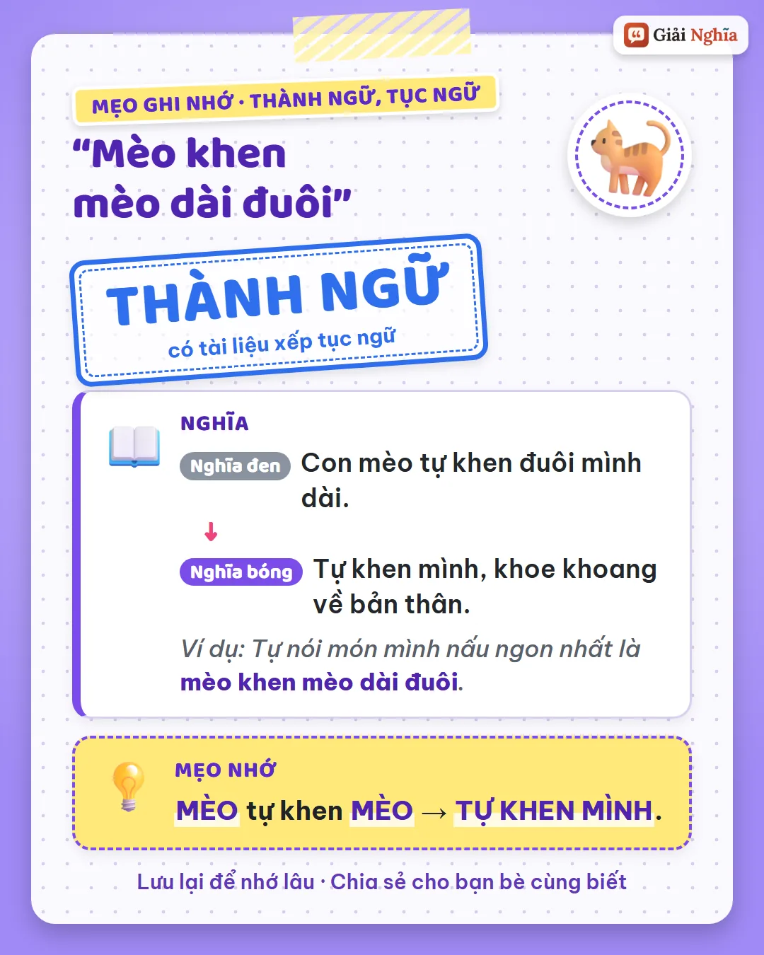 Mẹo ghi nhớ: mèo tự khen mèo là tự khen mình.