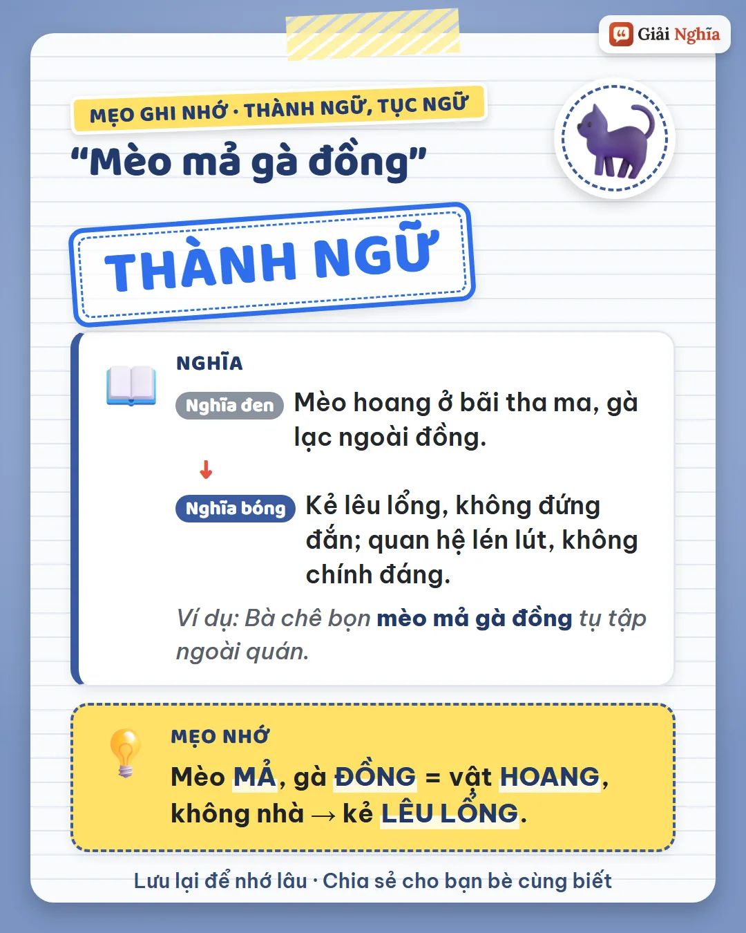 Mẹo ghi nhớ: mèo mả, gà đồng là vật hoang, không nhà, chỉ kẻ lêu lổng.