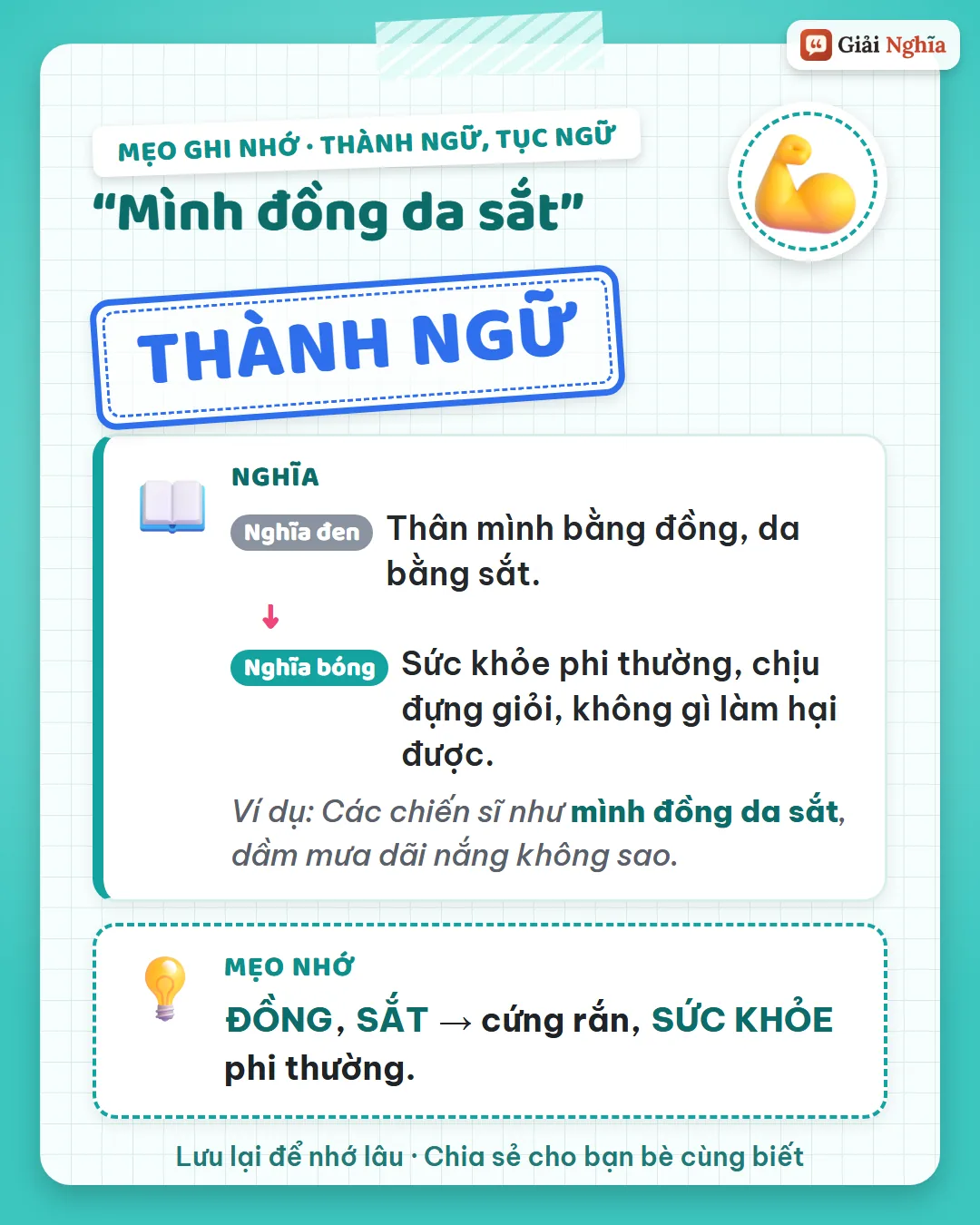 Mẹo ghi nhớ: đồng, sắt cứng rắn, sức khỏe phi thường.
