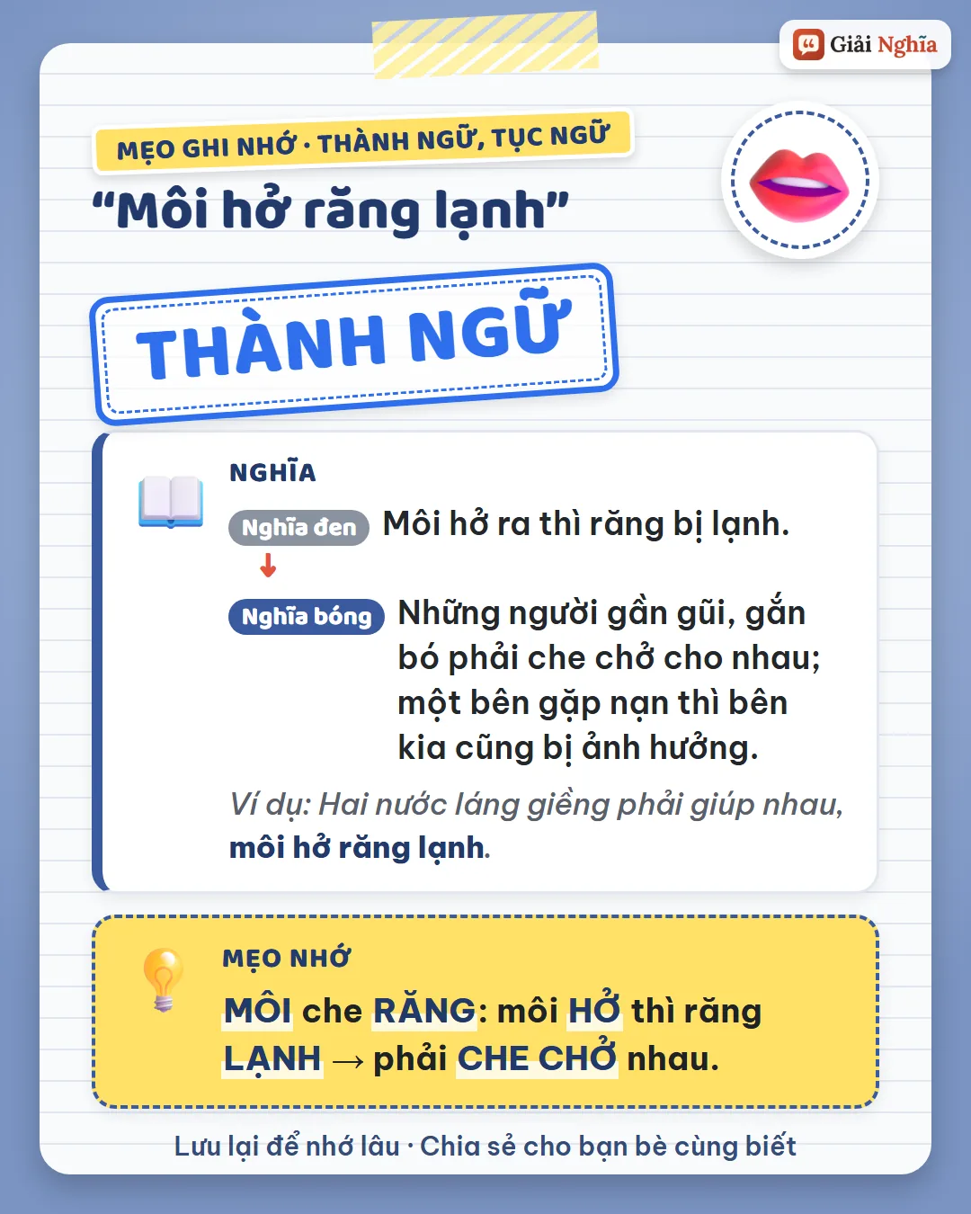 Mẹo ghi nhớ: môi che răng, môi hở thì răng lạnh, phải che chở nhau.