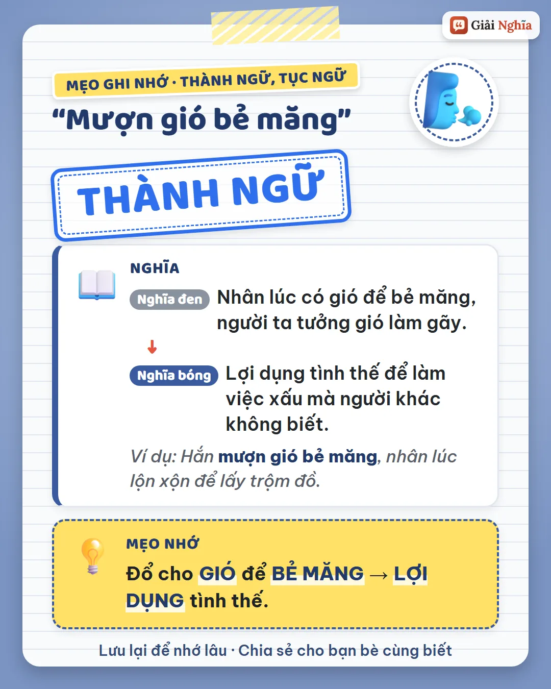 Mẹo ghi nhớ: đổ cho gió để bẻ măng, tức lợi dụng tình thế.