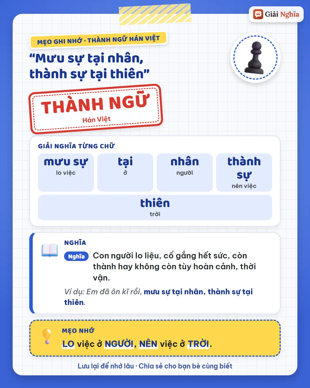 Mẹo ghi nhớ: lo việc ở người, nên việc ở trời.