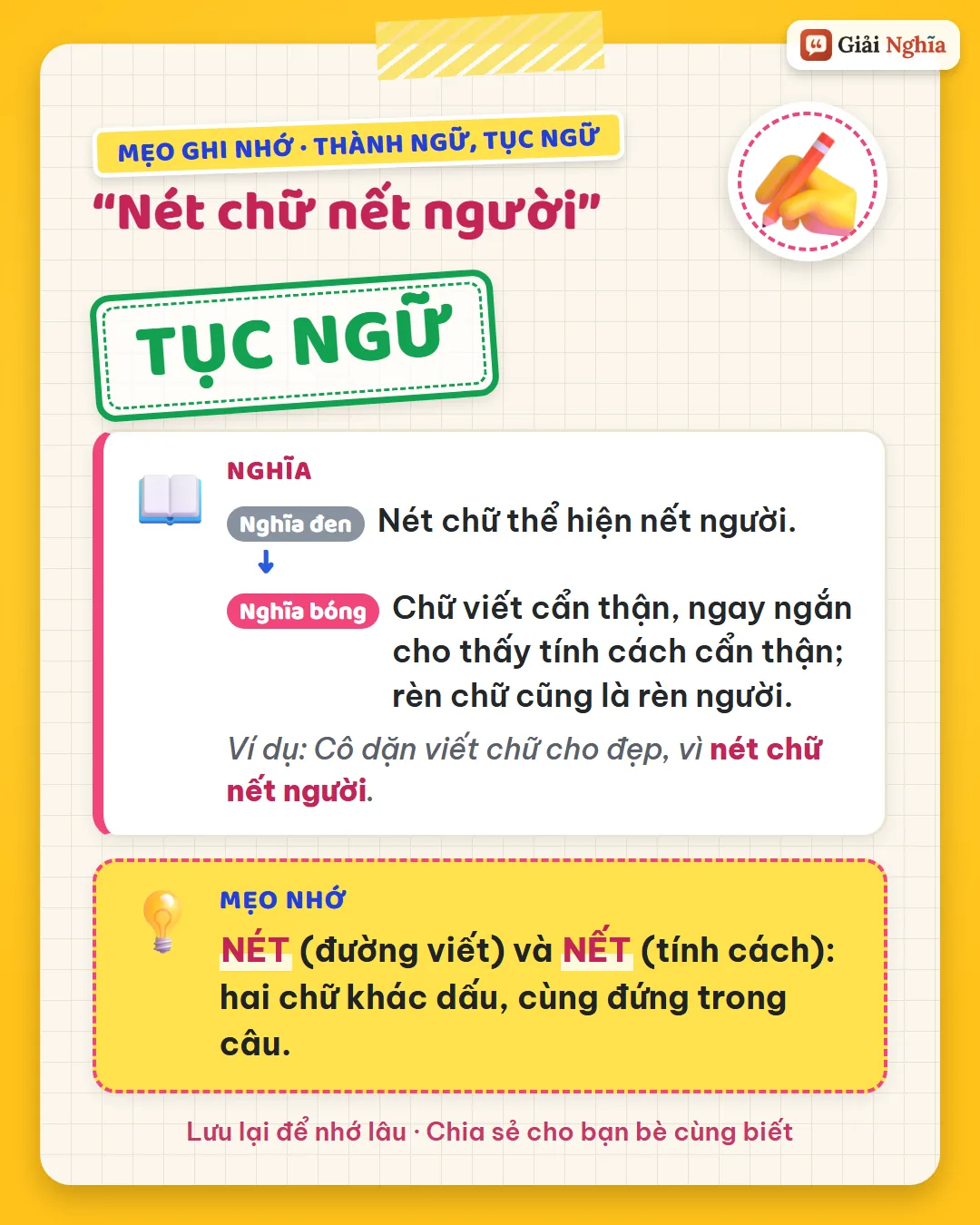 Mẹo ghi nhớ: nét là đường viết, nết là tính cách; hai chữ khác dấu cùng đứng trong câu.