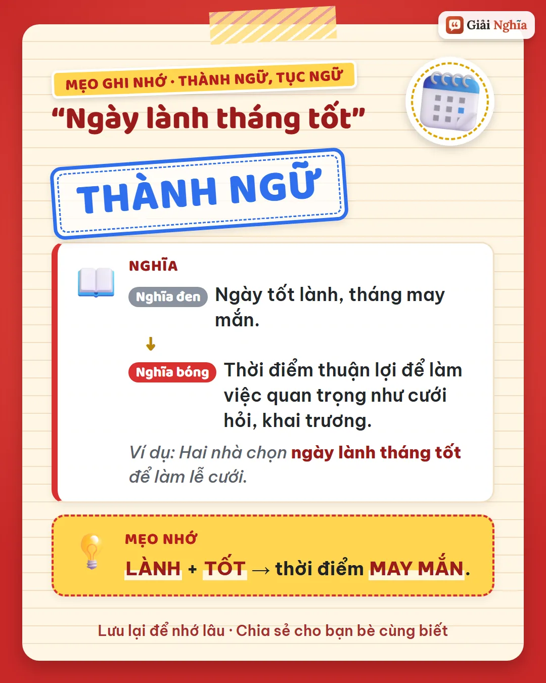 Mẹo ghi nhớ: lành và tốt, thời điểm may mắn.
