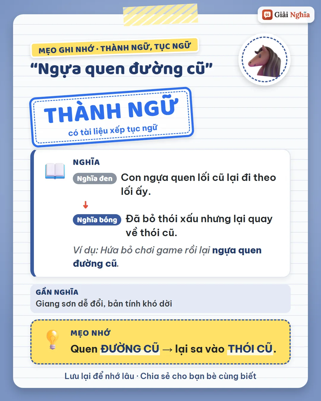 Mẹo ghi nhớ: quen đường cũ thì lại sa vào thói cũ.