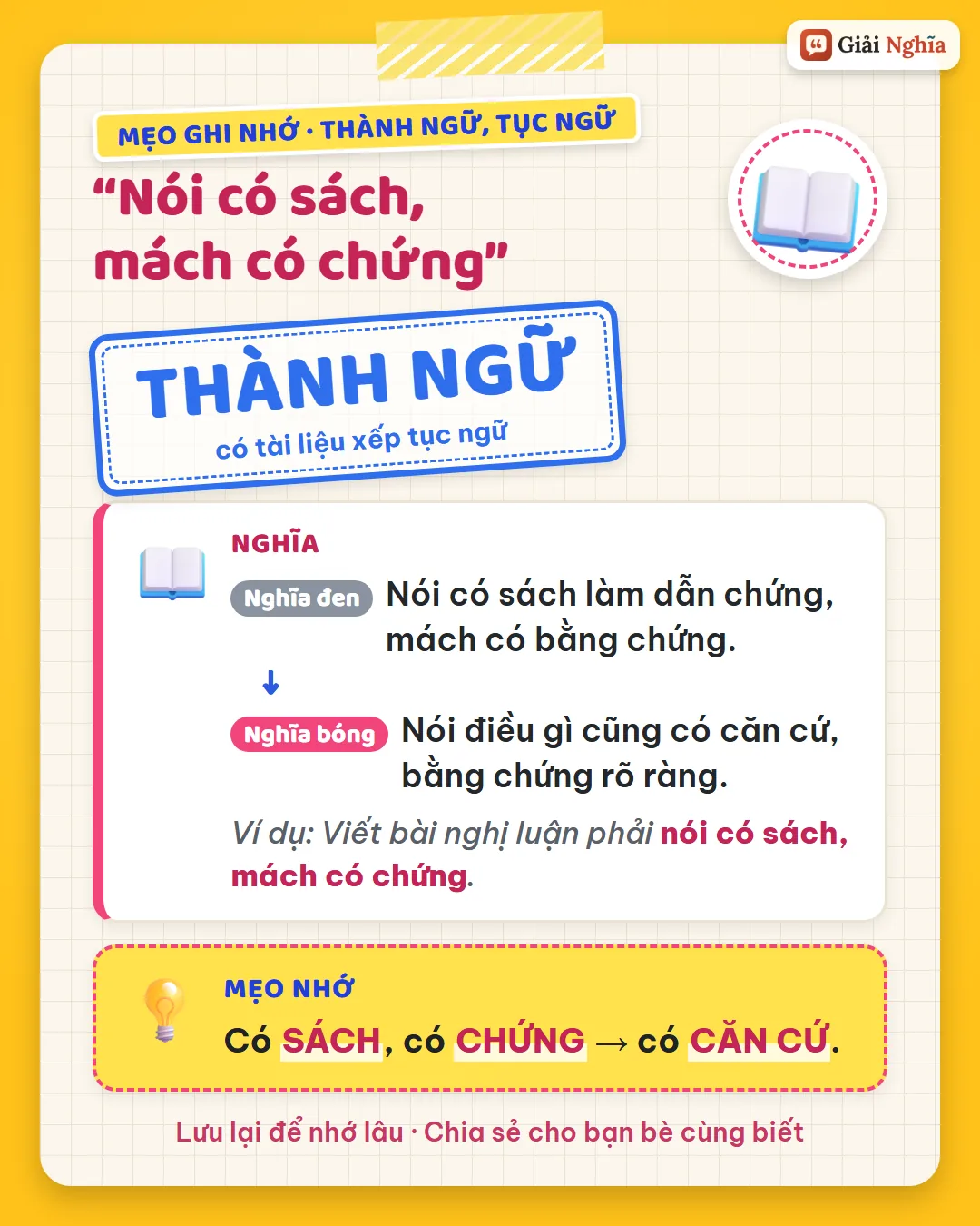 Mẹo ghi nhớ: có sách, có chứng là có căn cứ.