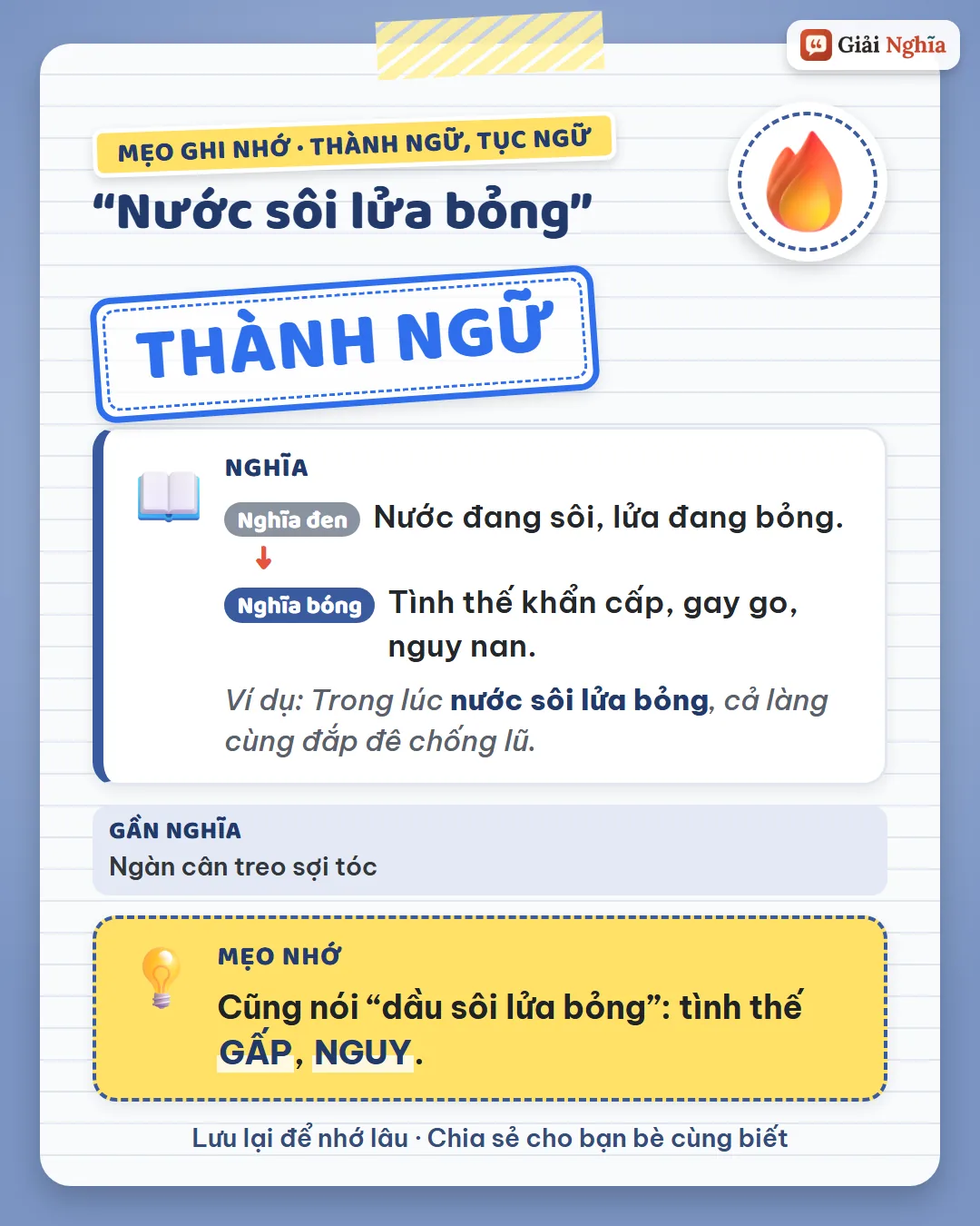 Mẹo ghi nhớ: cũng nói dầu sôi lửa bỏng, tình thế gấp, nguy.