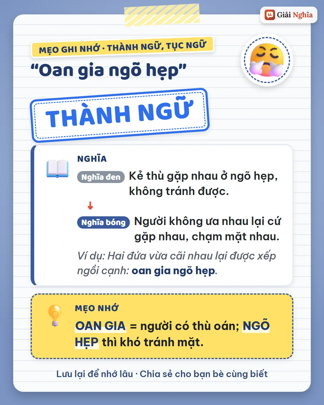Mẹo ghi nhớ: oan gia là người có thù oán, ngõ hẹp thì khó tránh mặt.