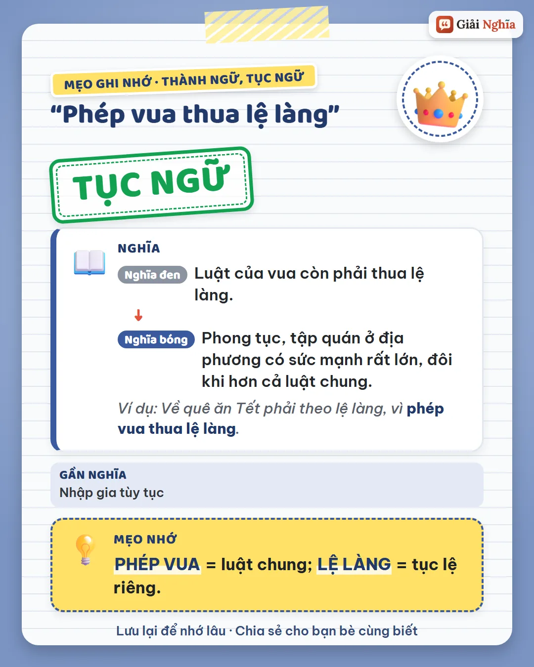 Mẹo ghi nhớ: phép vua là luật chung, lệ làng là tục lệ riêng.