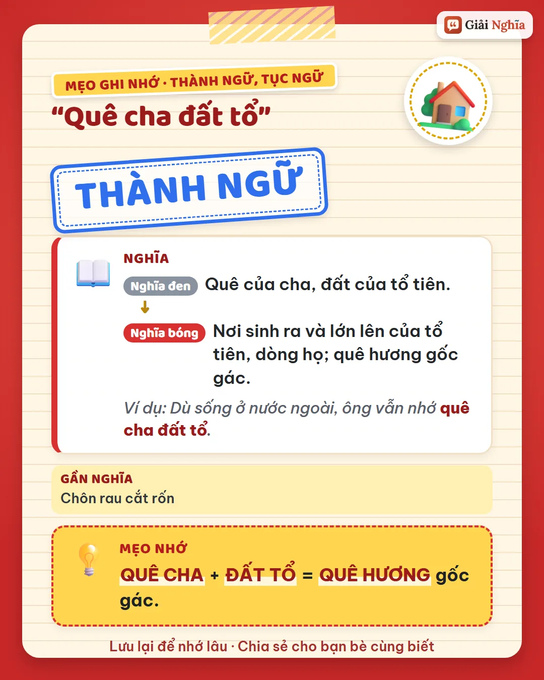 Mẹo ghi nhớ: quê cha cộng đất tổ là quê hương gốc gác.