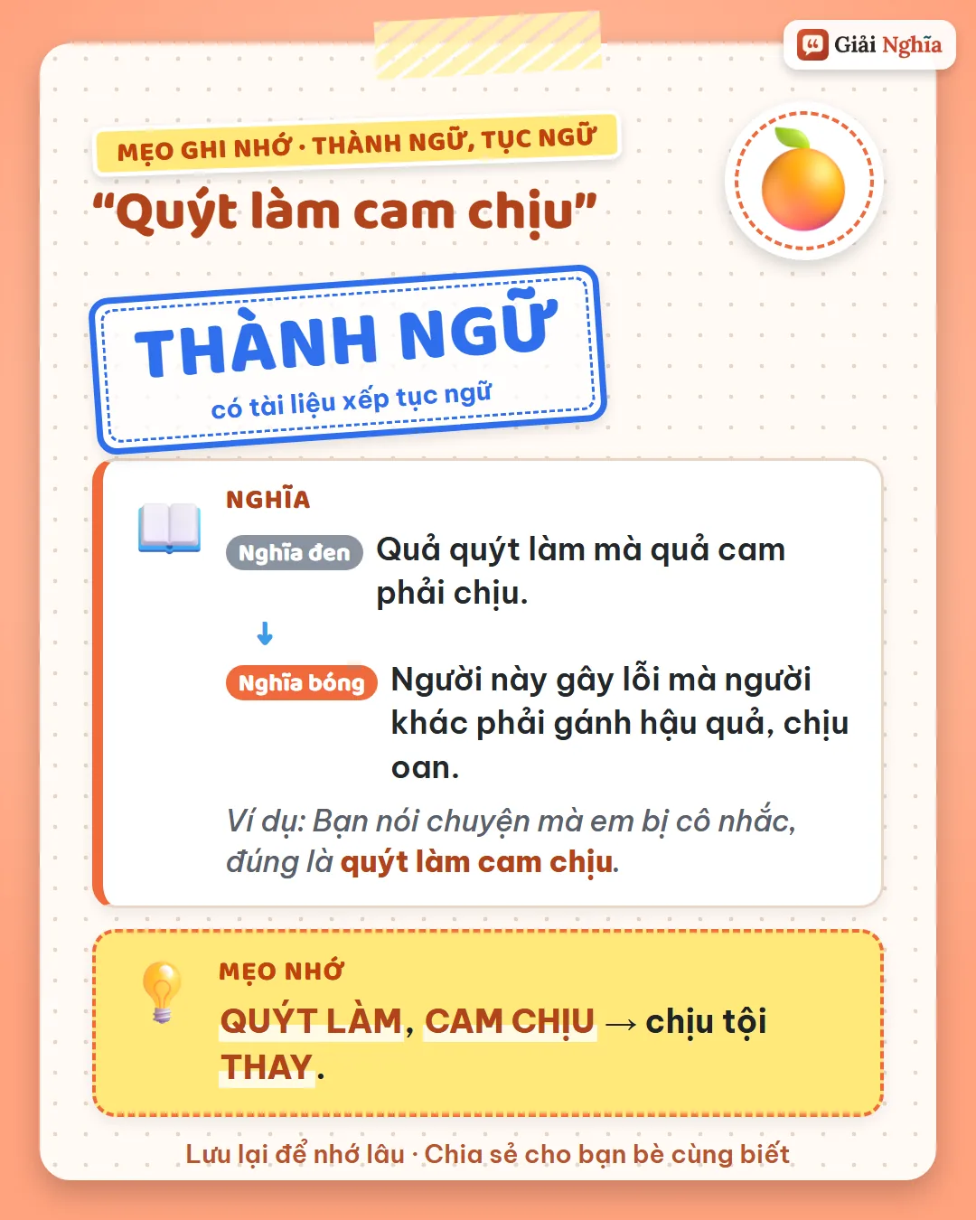 Mẹo ghi nhớ: quýt làm, cam chịu là chịu tội thay.
