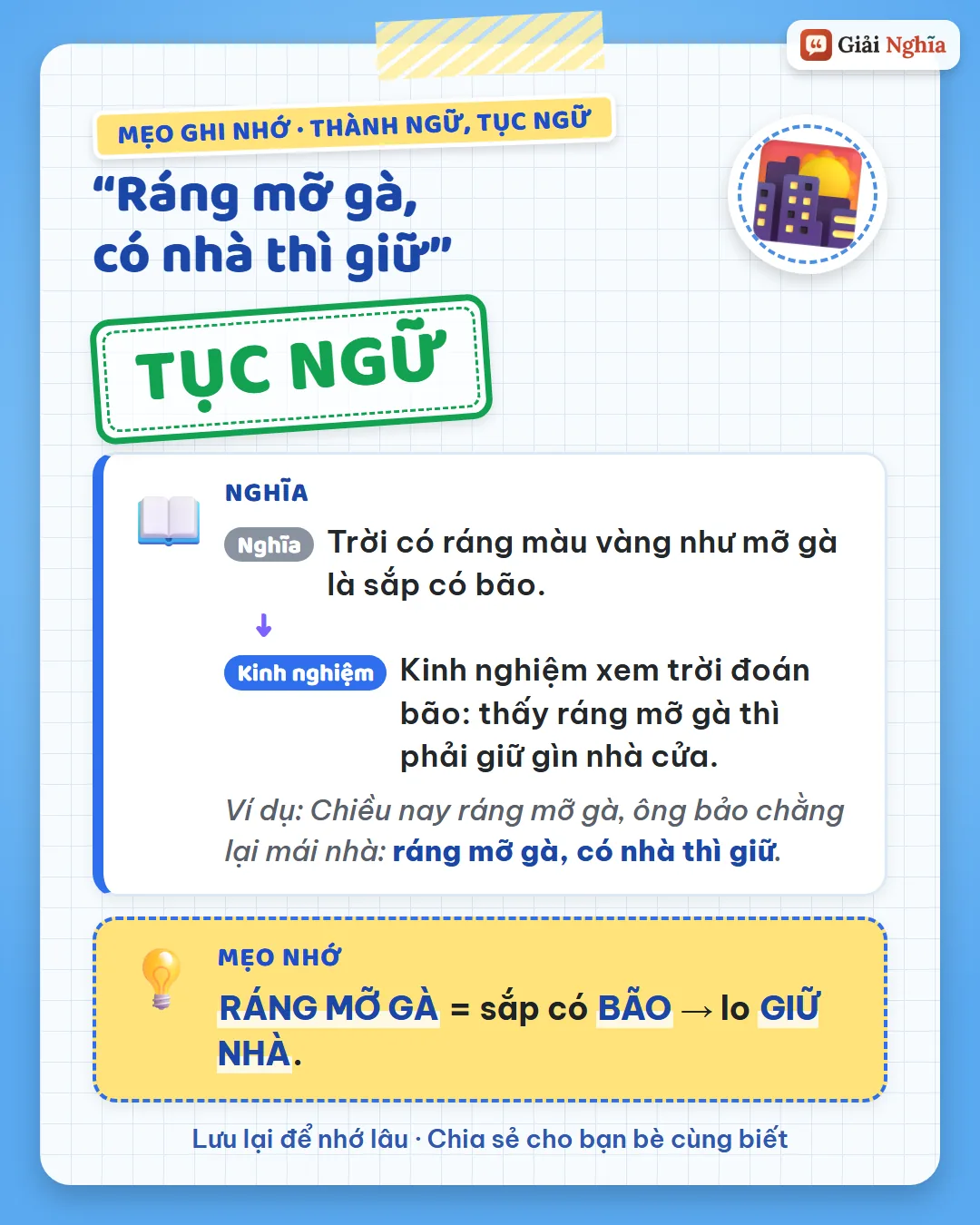 Mẹo ghi nhớ: ráng mỡ gà báo sắp có bão, nên phải lo giữ nhà.