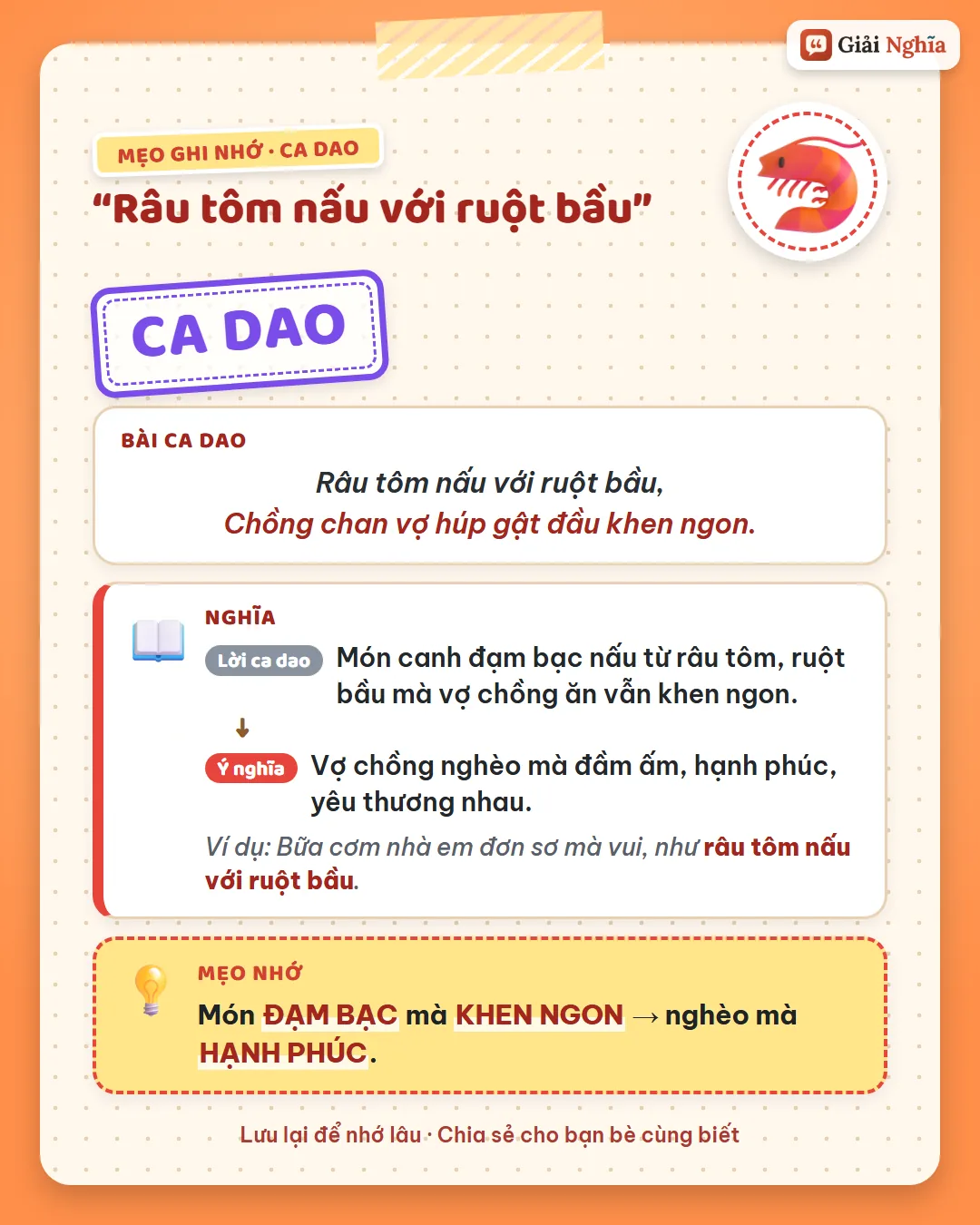 Mẹo ghi nhớ: món đạm bạc mà khen ngon, nghèo mà hạnh phúc.