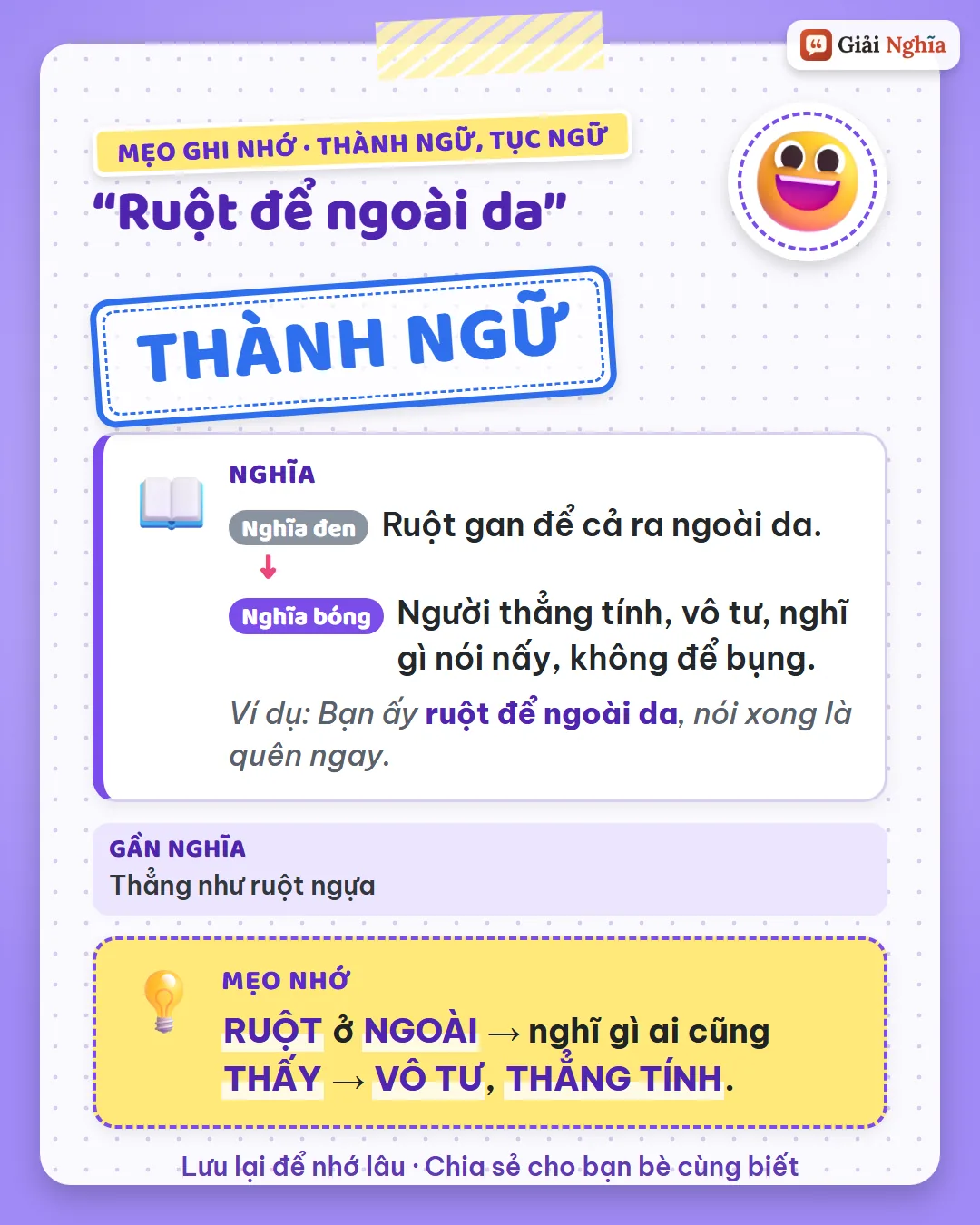 Mẹo ghi nhớ: ruột ở ngoài, nghĩ gì ai cũng thấy, vô tư và thẳng tính.
