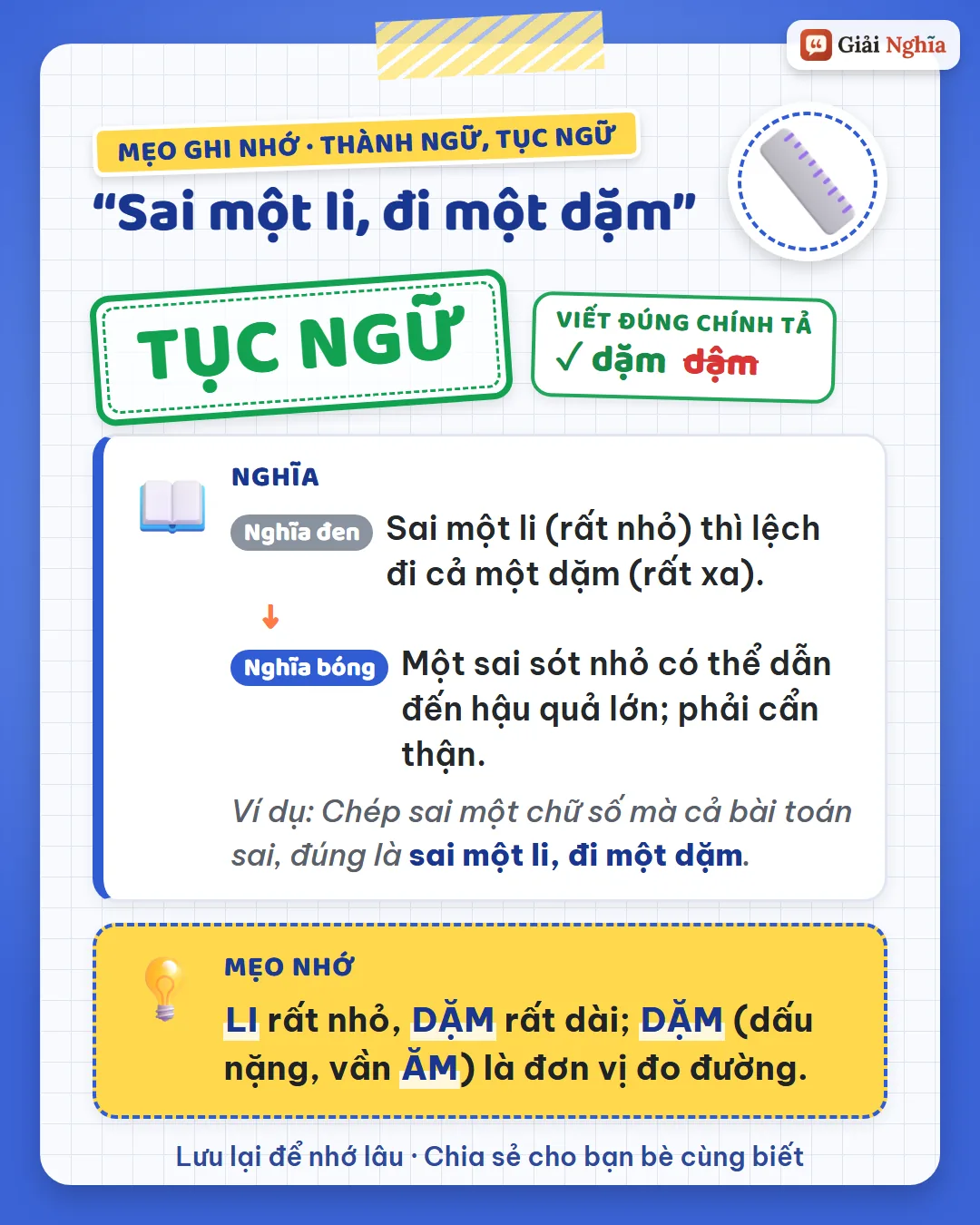 Mẹo ghi nhớ: li rất nhỏ, dặm rất dài; dặm (dấu nặng, vần ăm) là đơn vị đo đường.