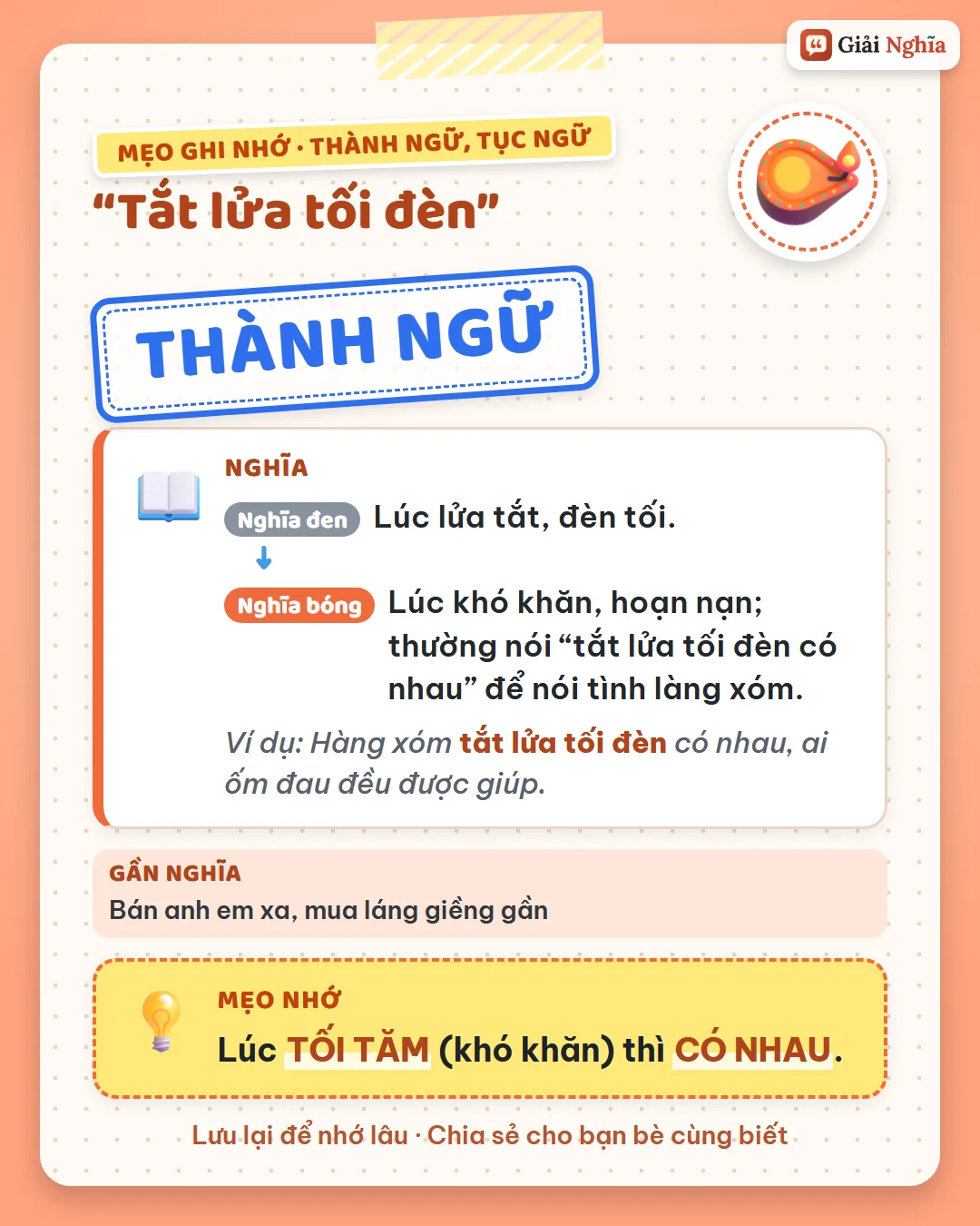 Mẹo ghi nhớ: lúc tối tăm, khó khăn thì có nhau.