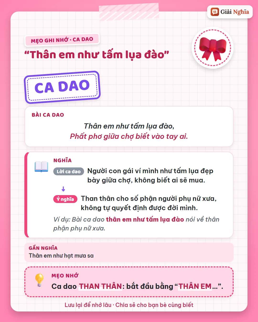 Mẹo ghi nhớ: ca dao than thân bắt đầu bằng thân em.
