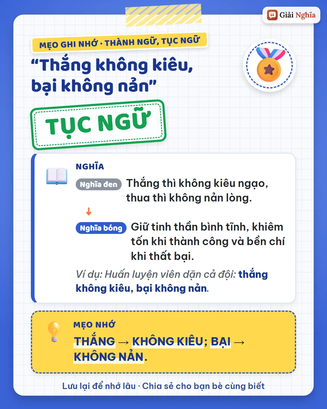 Mẹo ghi nhớ: thắng thì không kiêu, bại thì không nản.