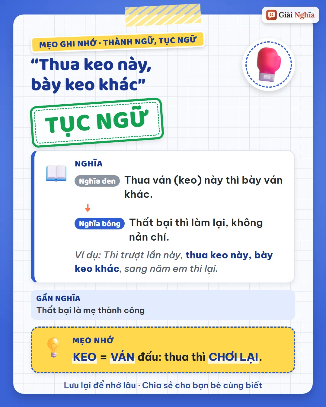 Mẹo ghi nhớ: keo là ván đấu, thua thì chơi lại.