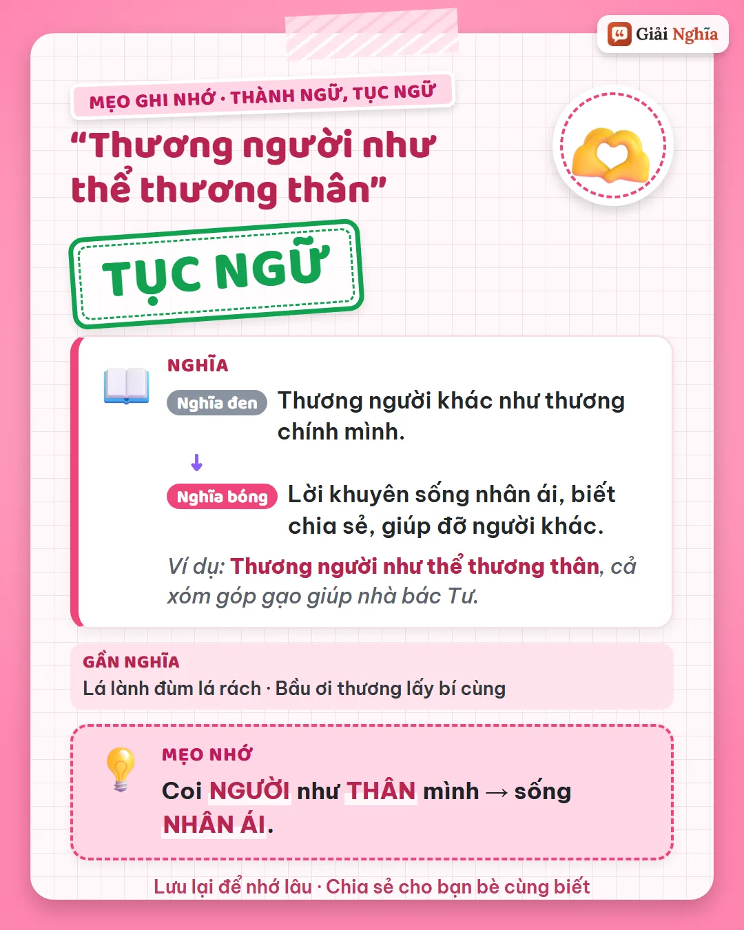 Mẹo ghi nhớ: coi người khác như chính bản thân mình, tức là sống nhân ái.