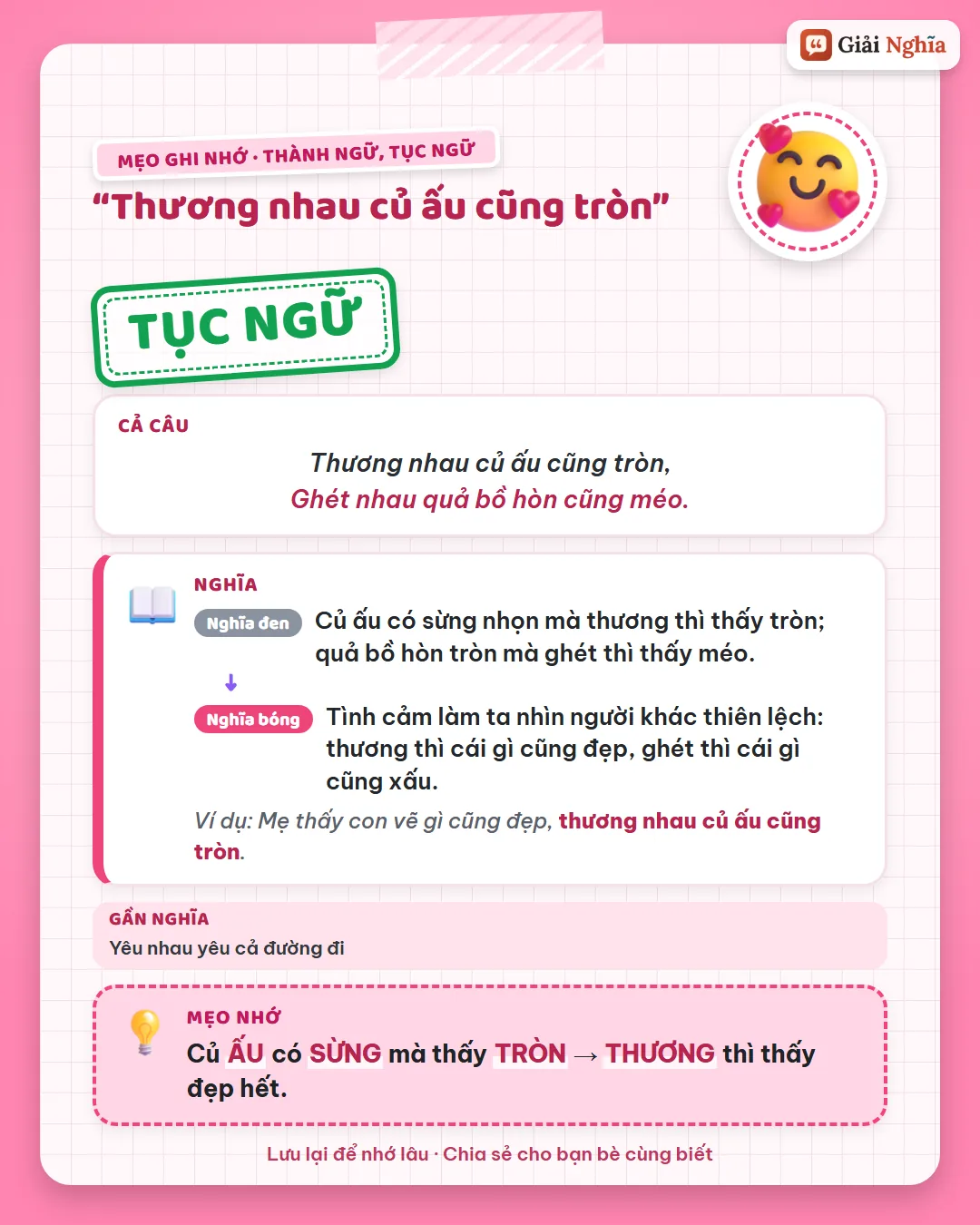 Mẹo ghi nhớ: củ ấu có sừng mà thấy tròn, thương thì thấy đẹp hết.