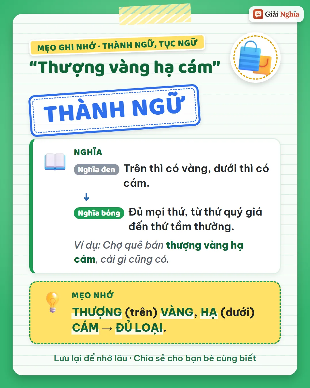 Mẹo ghi nhớ: thượng là trên, có vàng; hạ là dưới, có cám; đủ loại.