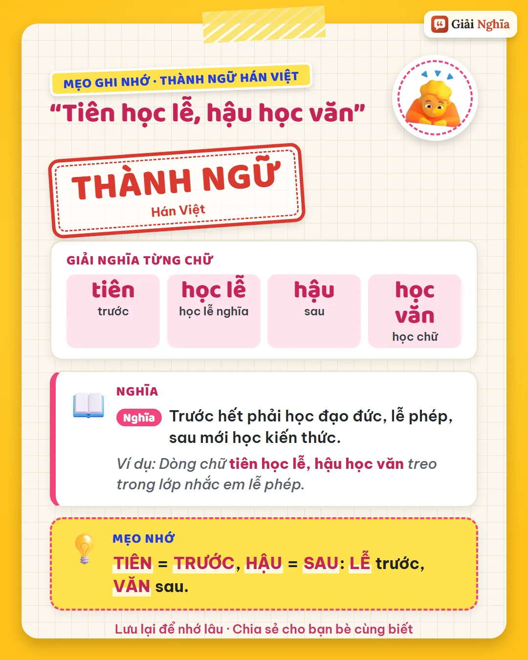 Mẹo ghi nhớ: tiên là trước, hậu là sau; lễ trước, văn sau.