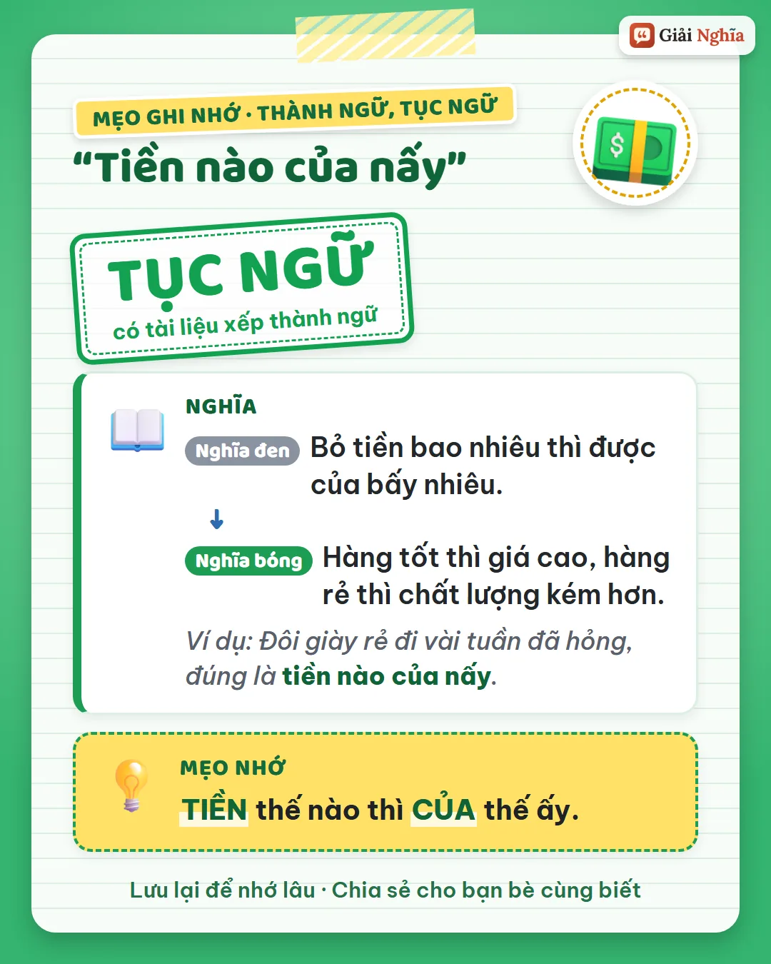 Mẹo ghi nhớ: tiền thế nào thì của thế ấy.
