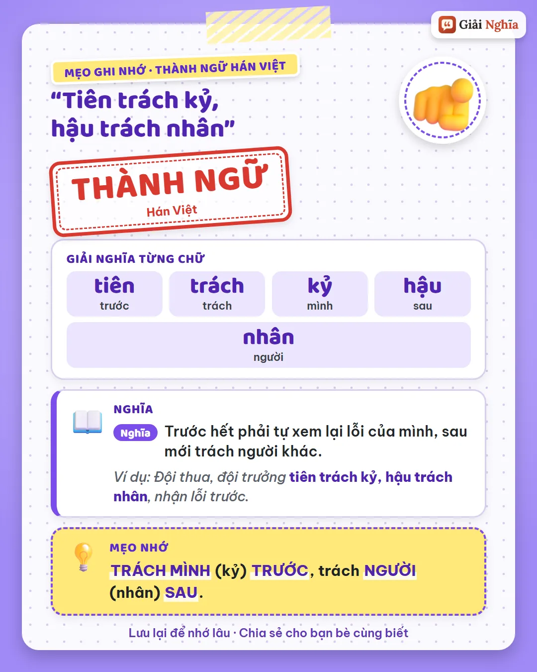 Mẹo ghi nhớ: trách mình (kỷ) trước, trách người (nhân) sau.
