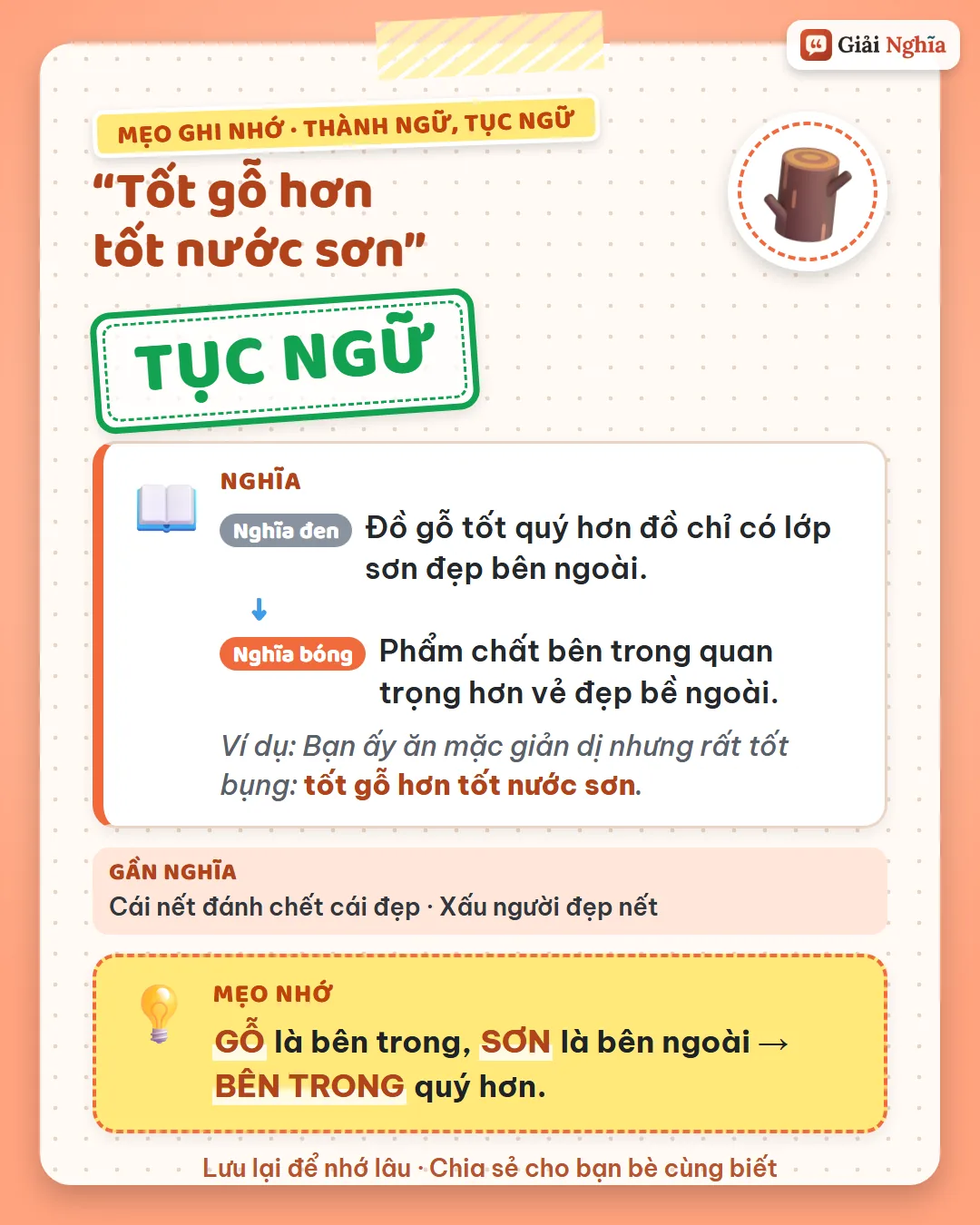 Mẹo ghi nhớ: gỗ là bên trong, sơn là bên ngoài, bên trong quý hơn.