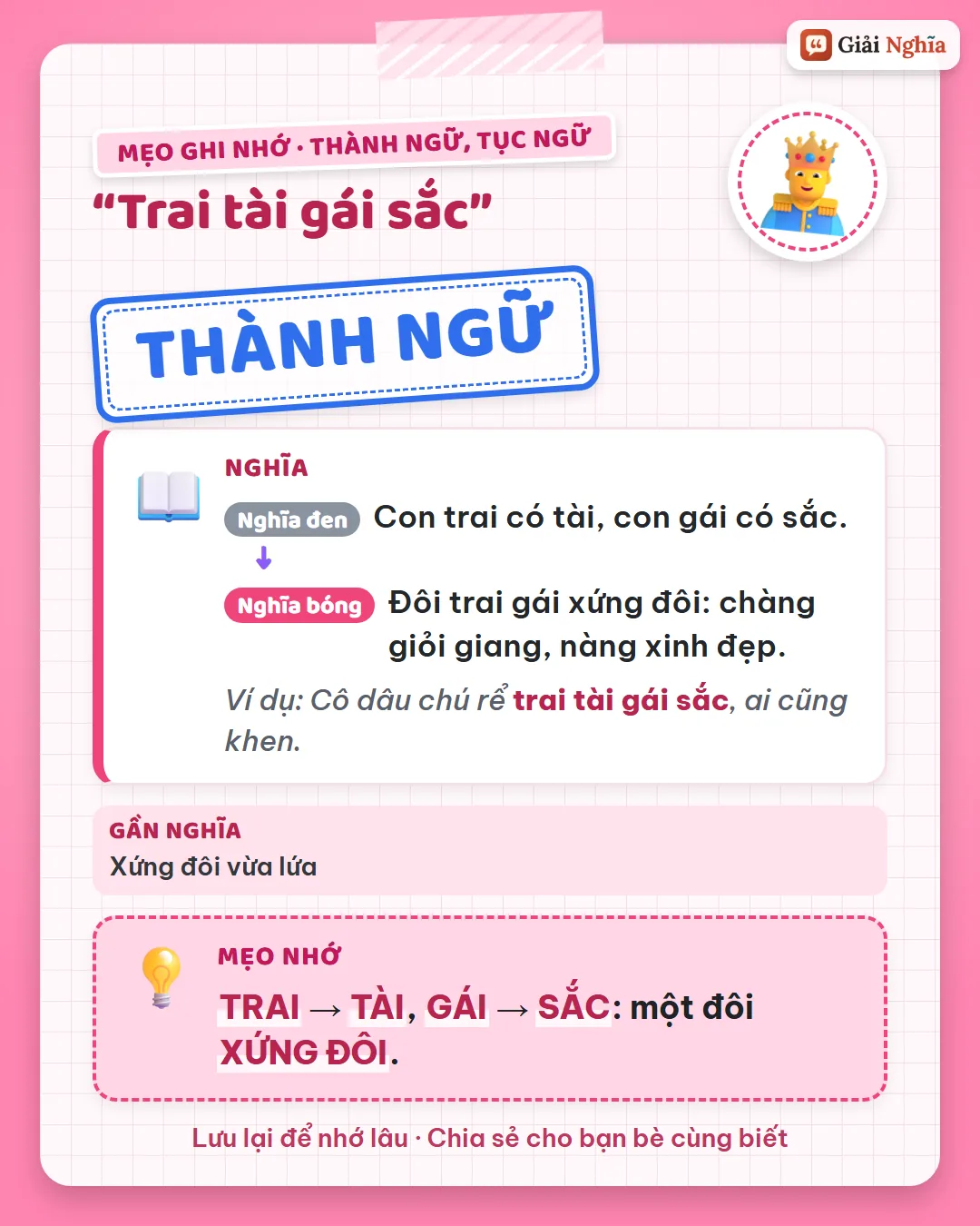 Mẹo ghi nhớ: trai thì tài, gái thì sắc, một đôi xứng đôi.