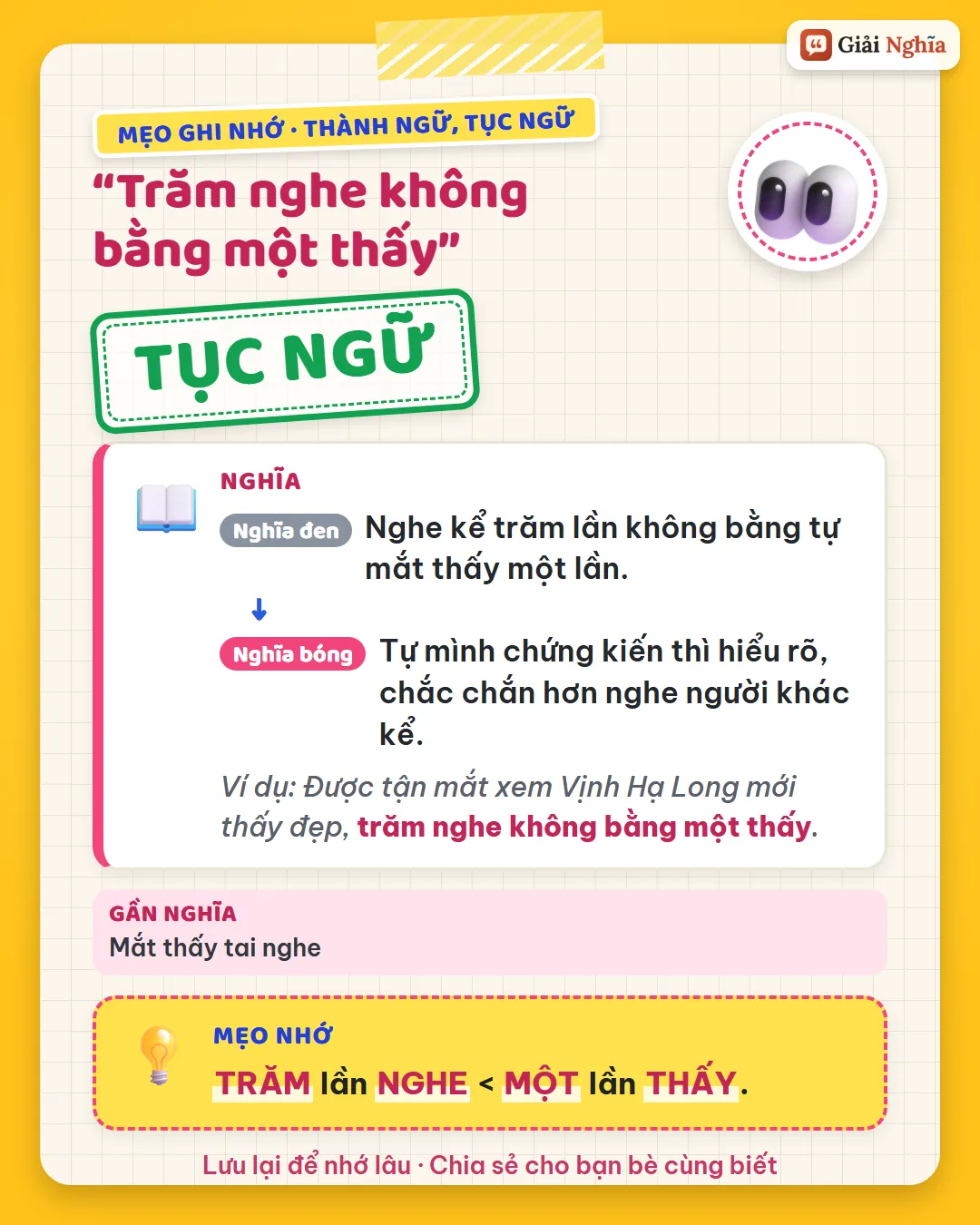 Mẹo ghi nhớ: trăm lần nghe vẫn kém một lần thấy.