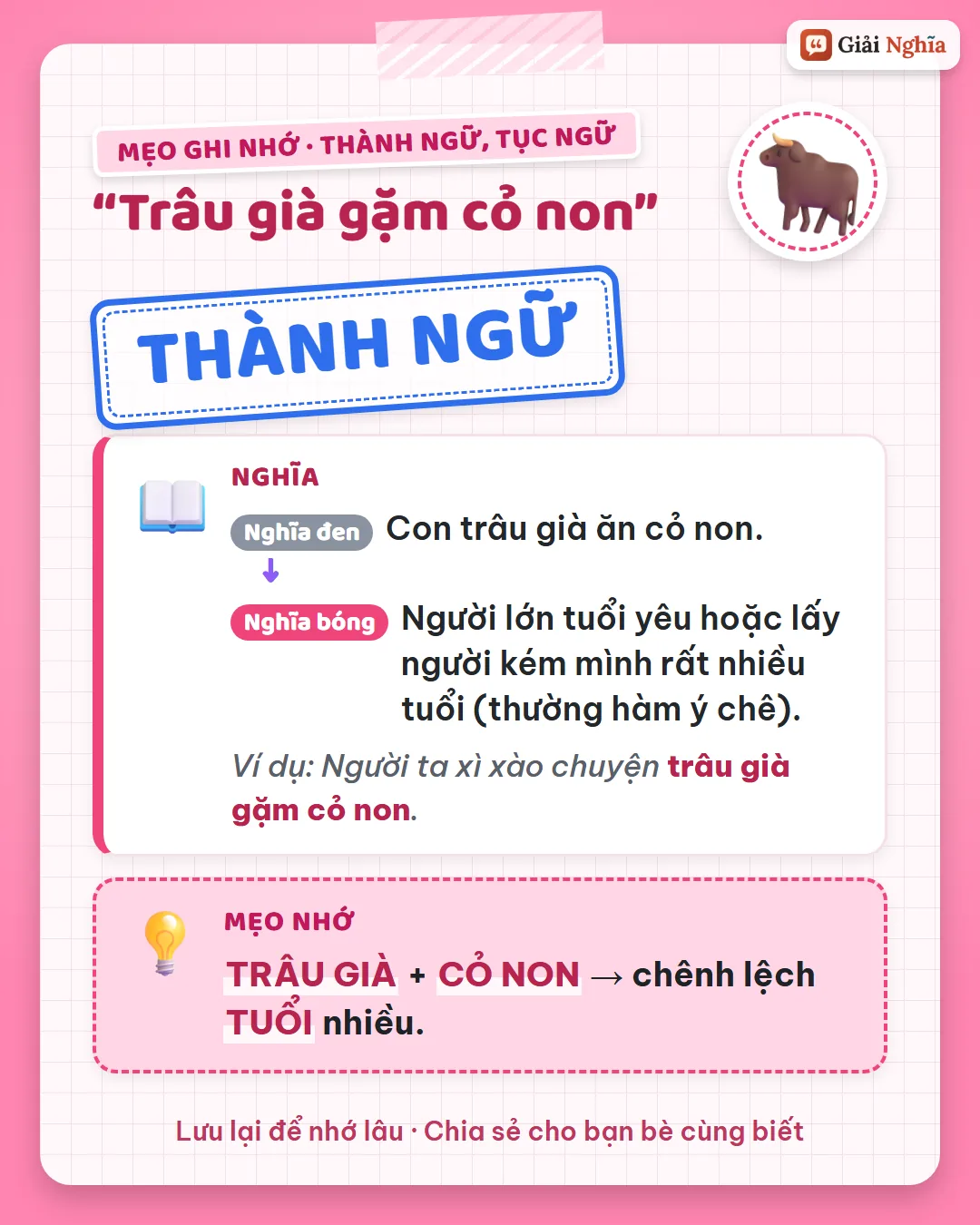 Mẹo ghi nhớ: trâu già và cỏ non, chênh lệch tuổi nhiều.