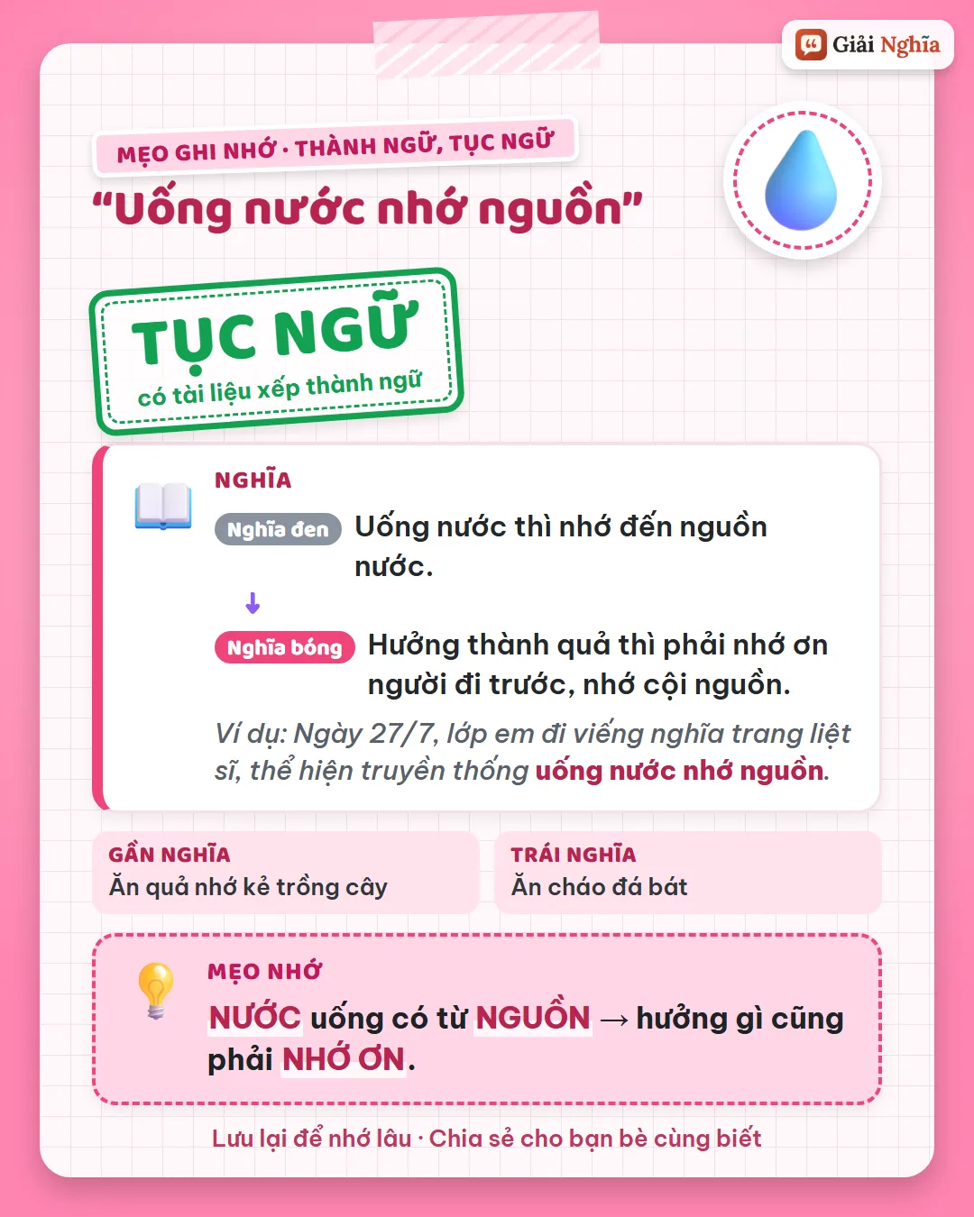 Mẹo ghi nhớ: nước uống có từ nguồn, hưởng gì cũng phải nhớ ơn.