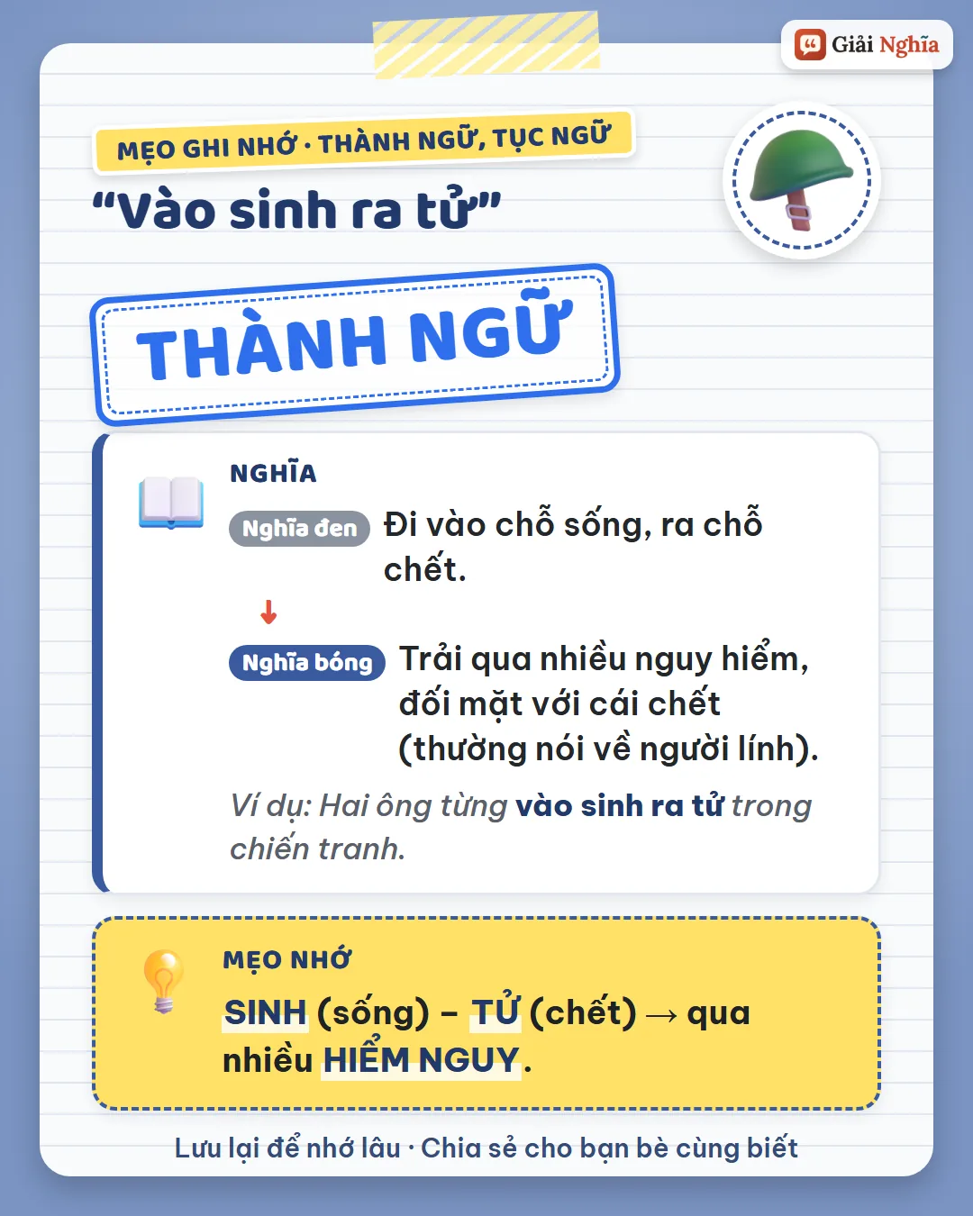 Mẹo ghi nhớ: sinh là sống, tử là chết, qua nhiều hiểm nguy.