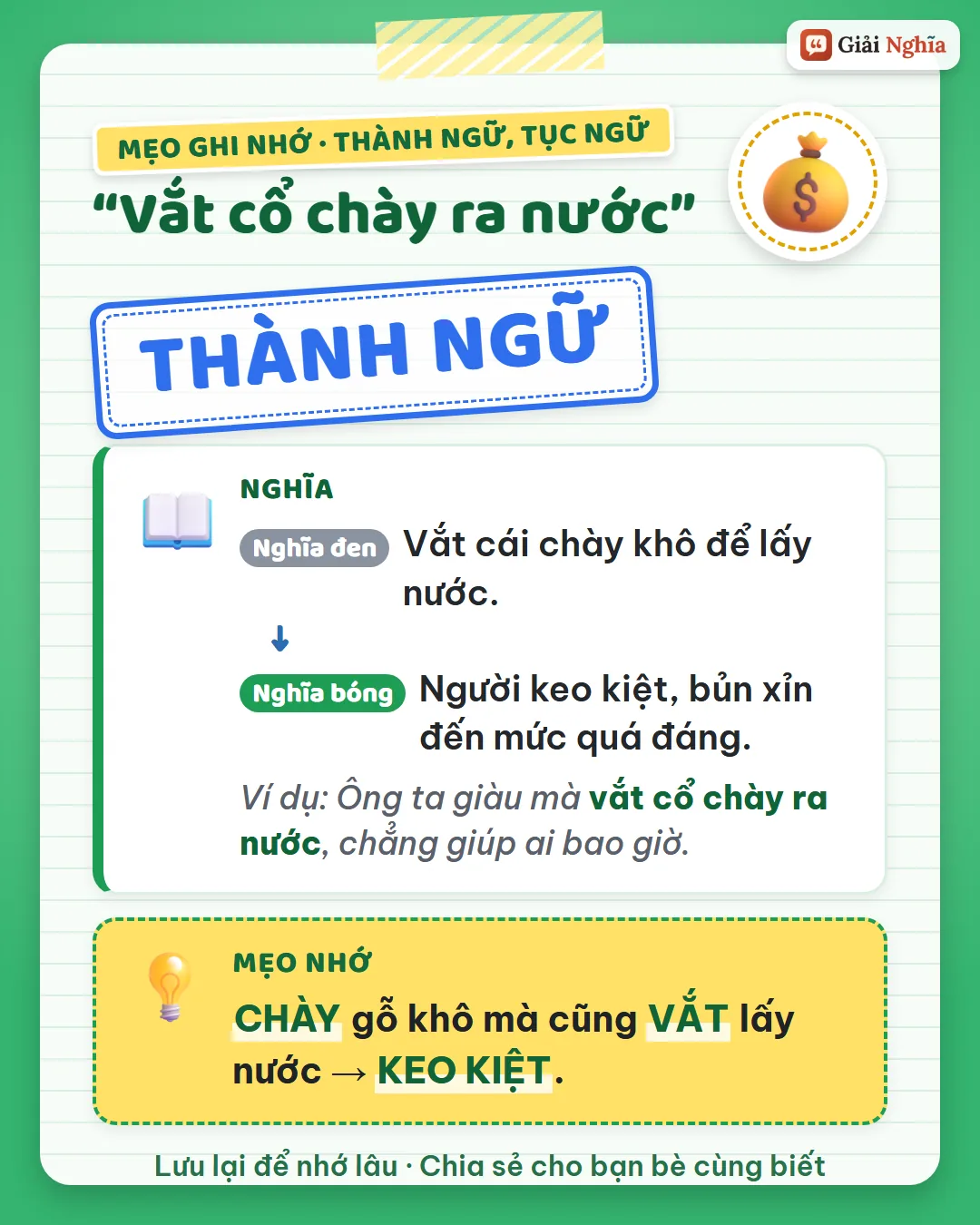 Mẹo ghi nhớ: chày gỗ khô mà cũng vắt lấy nước là keo kiệt.