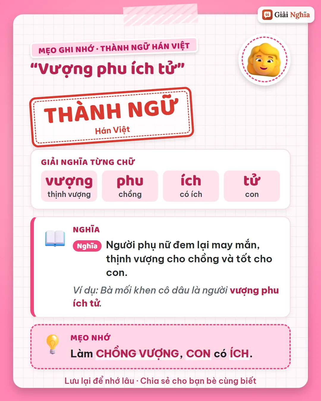 Mẹo ghi nhớ: làm chồng vượng, con có ích.