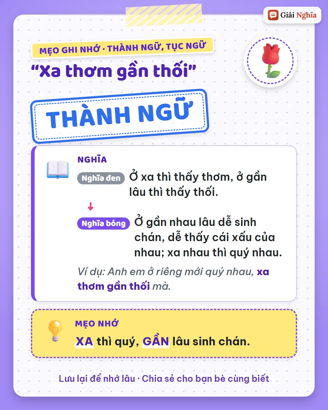 Mẹo ghi nhớ: xa thì quý, gần lâu sinh chán.