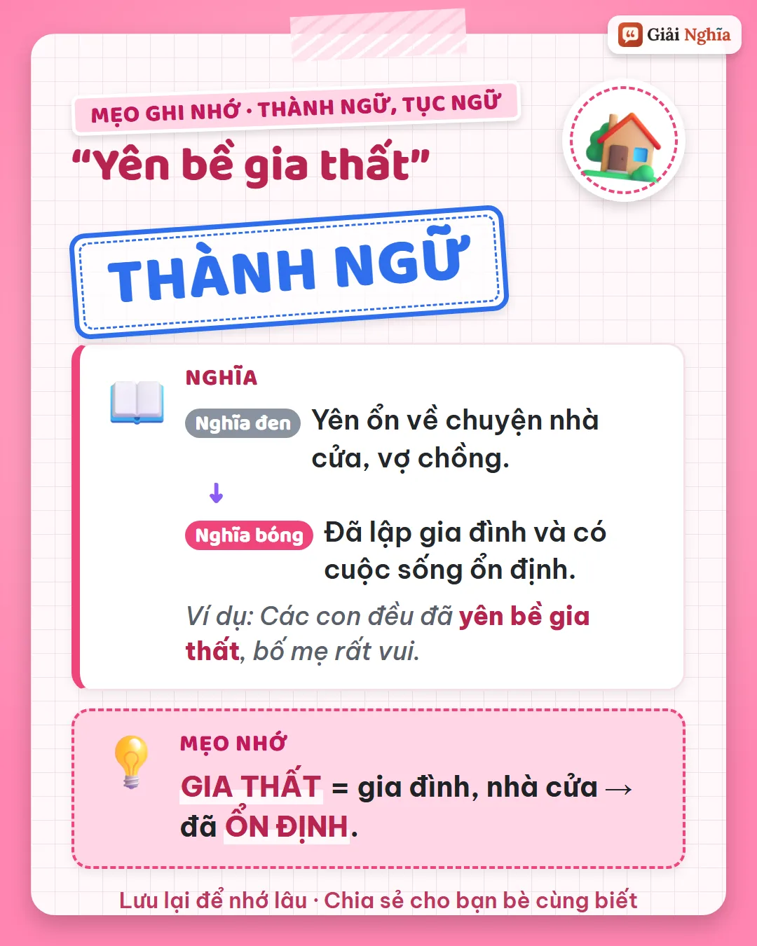 Mẹo ghi nhớ: gia thất là gia đình, nhà cửa; yên bề là đã ổn định.