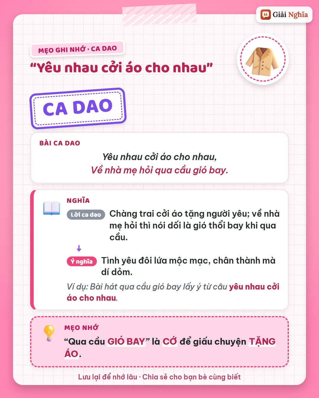 Mẹo ghi nhớ: qua cầu gió bay là cớ để giấu chuyện tặng áo.