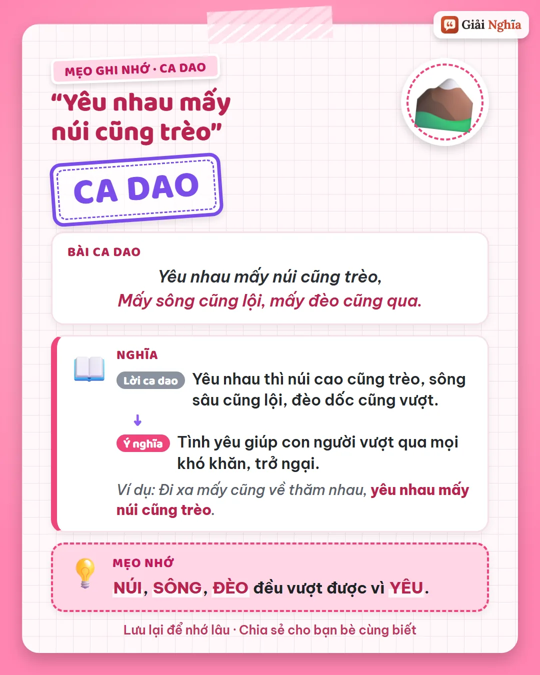 Mẹo ghi nhớ: núi thì trèo, sông thì lội, đèo thì qua – vượt được hết vì yêu.
